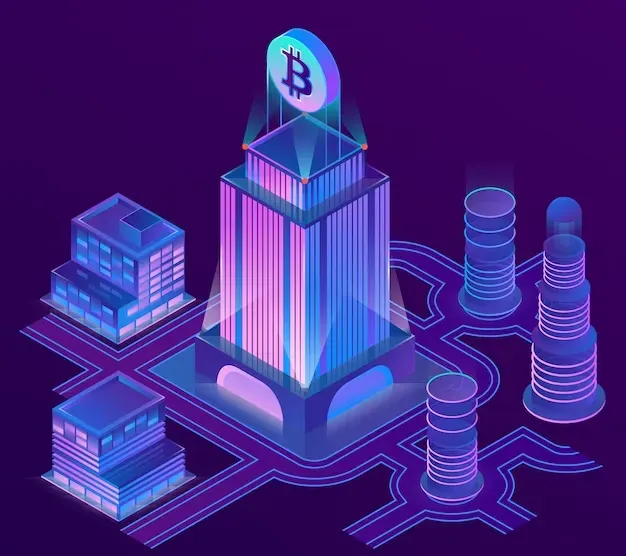 An infographic showing a Bitcoin atop a central building alongside multiple other sub-buildings.