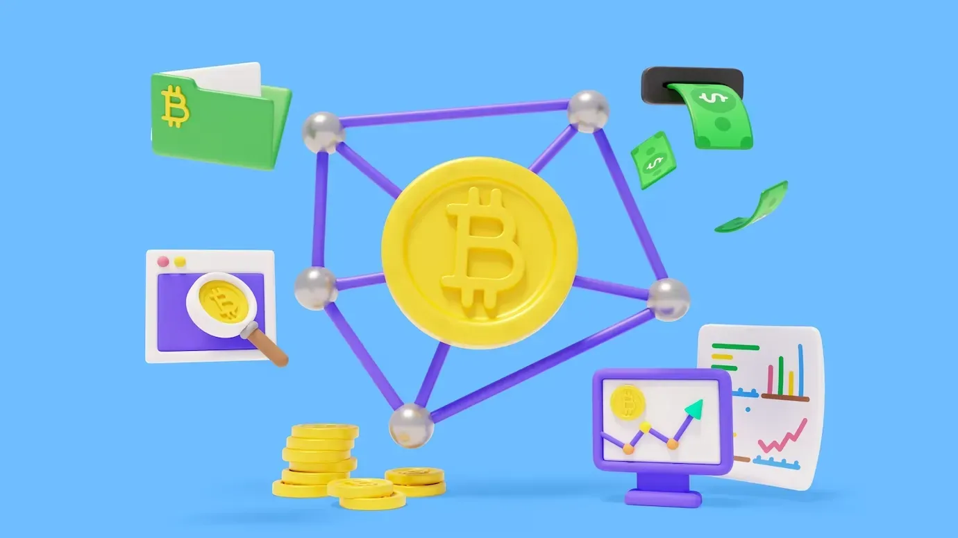An infographic depicting a Bitcoin in the center connected to various other objects via wires.