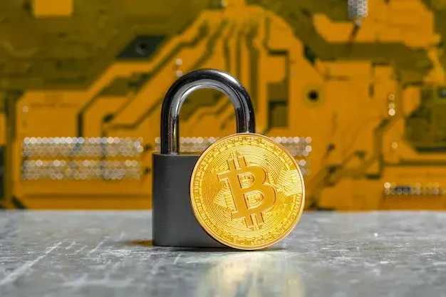 A physical Bitcoin leaned up against a lock with a PCB in the background.