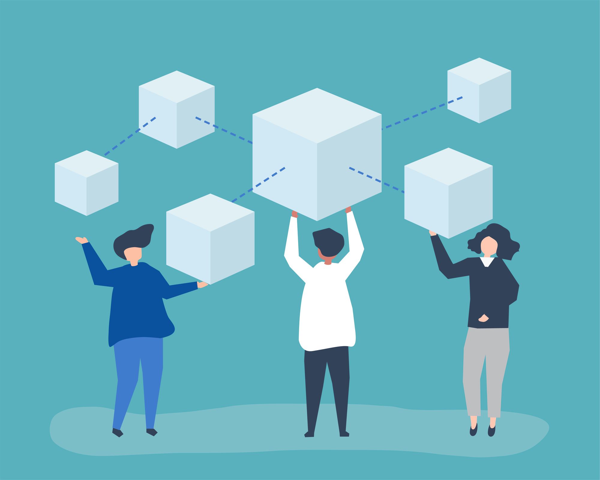 An infographic depicting 3 people holding up a network of blocks in the air.
