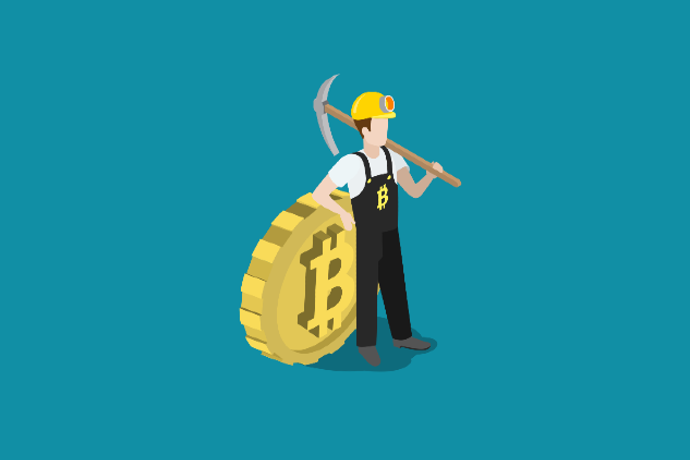 An infographic depicting a man with pickaxe leaning onto a Bitcoin.