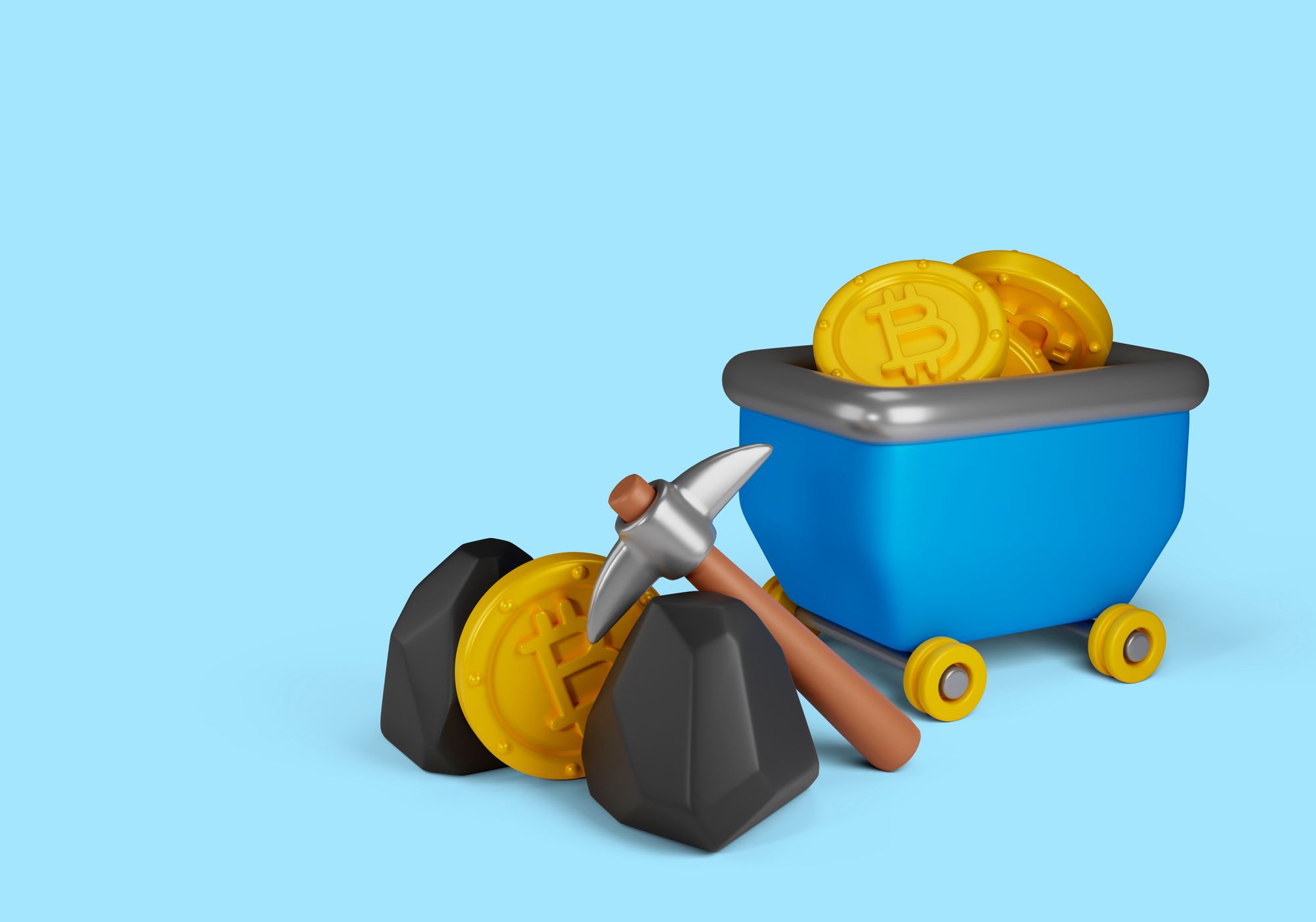 A 3D infographic depicting a rail cart with Bitcoins in it, and a pickaxe in front of it.