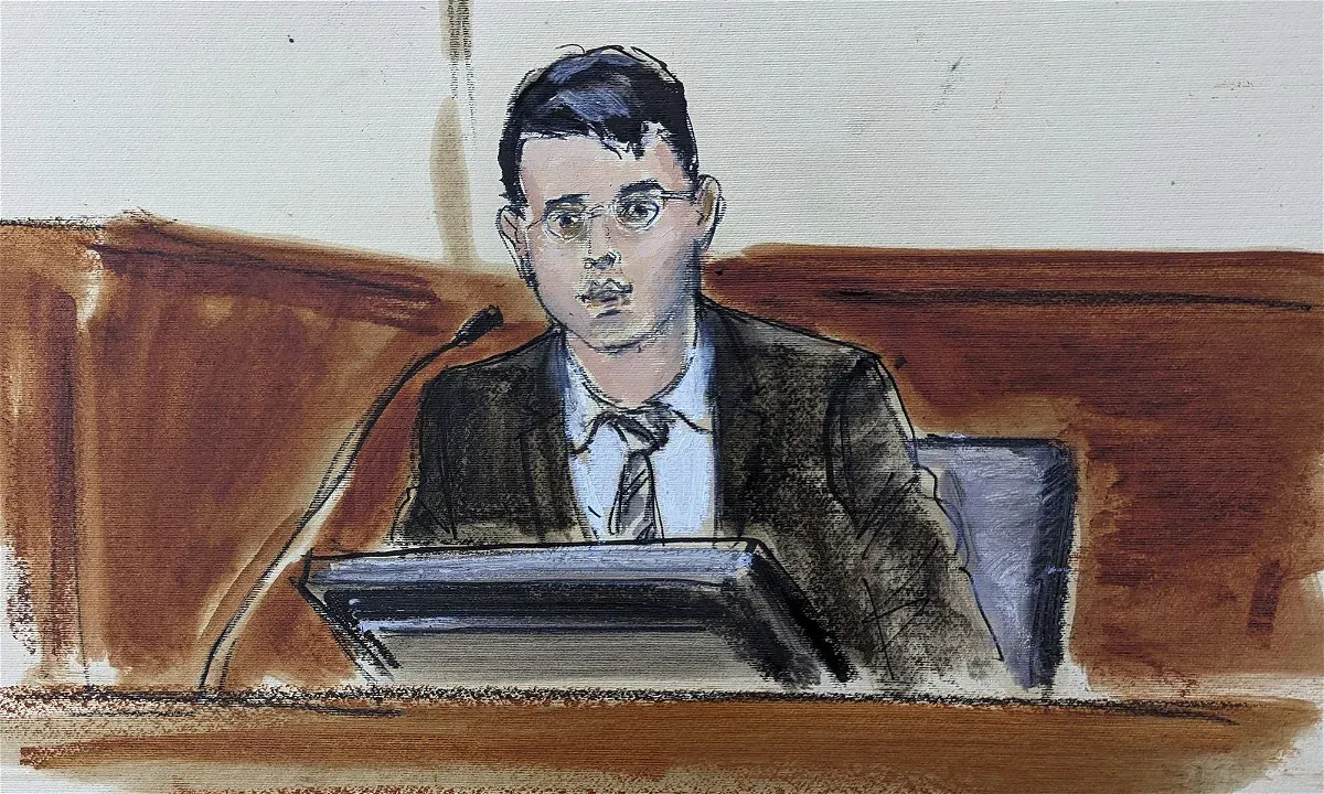 A court sketch depicting Adam Yedidia testifying in court.